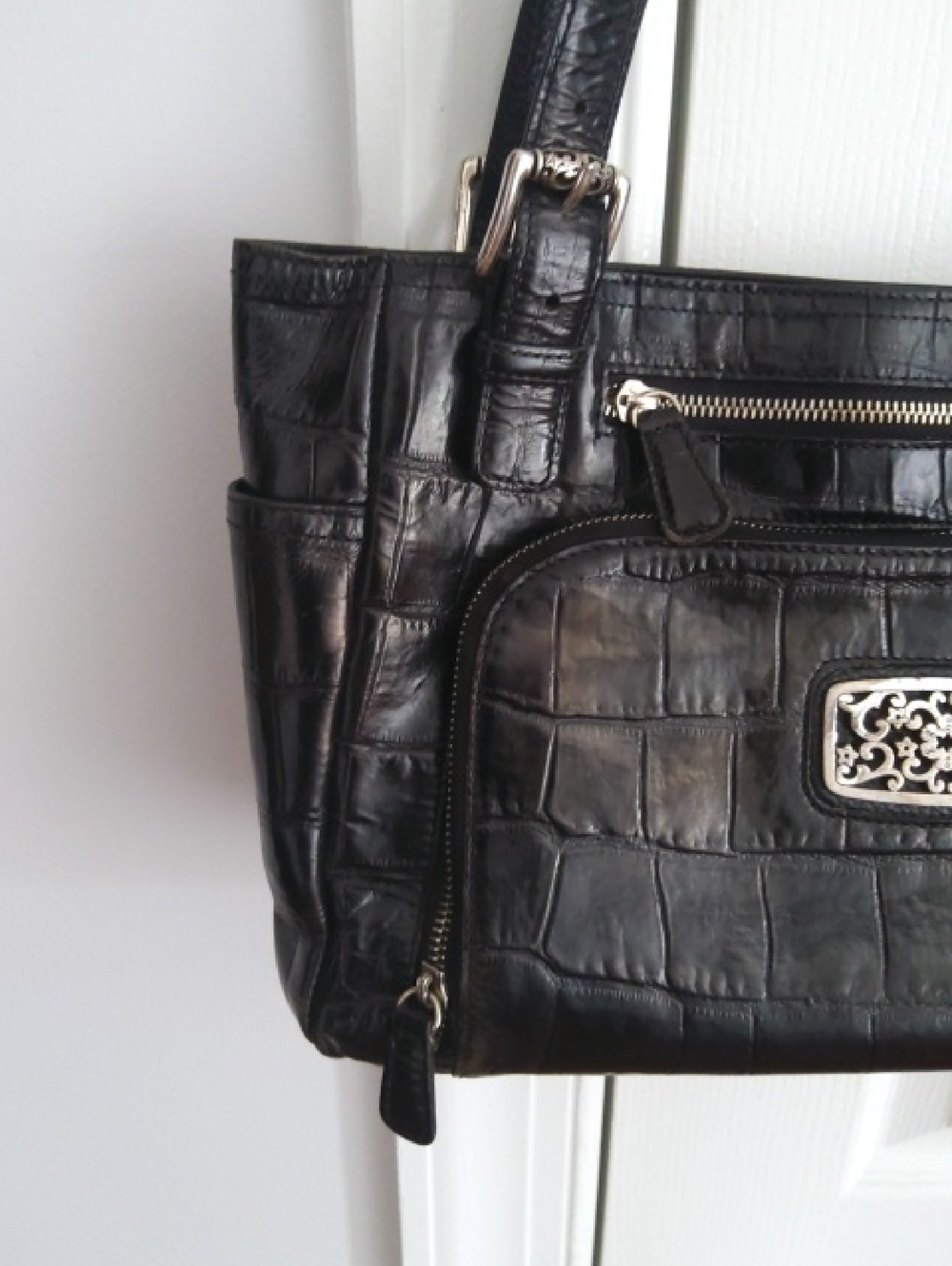 BRIGHTON Black Croc-Embossed Shoulder Bag w/ Silver Hardware - Picture 2 of 10